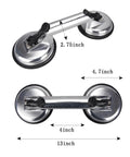 Two Pack Beefy Glass Suction Cups Vacuum Lifter With Aluminum Body And Rubber Base, dimensions shown, double gripper plate