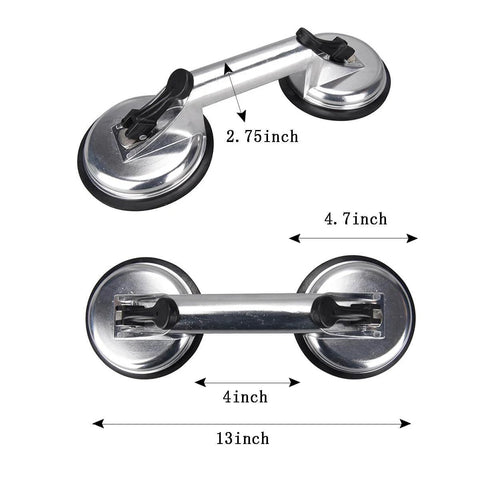 Two Pack Beefy Glass Suction Cups Vacuum Lifter With Aluminum Body And Rubber Base, dimensions shown, double gripper plate