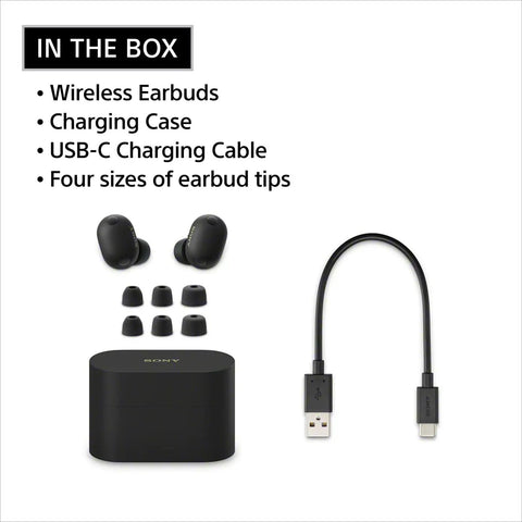 WF-1000XM6 True Wireless Earbuds With Top Notch Noise Canceling And Studio Quality Sound, All Day Battery Life Up To 24 Hours, Bluetooth In Ear Headphones, Black contents including earbuds, charging case, USB-C cable, and ear tips.