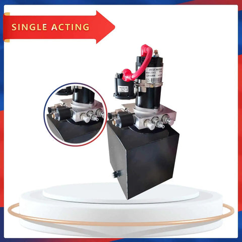 Single acting Portable 12V Hydraulic Power Unit for car lifts and dump trailers, compact design with 0.8 kW output