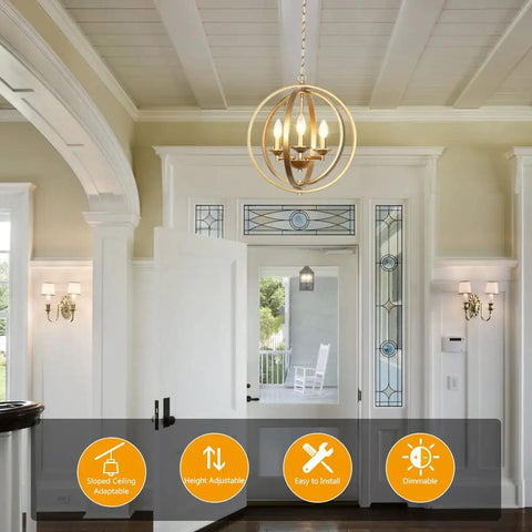 Gold Orb Chandelier With Three Lights Modern Globe Ceiling Fixture in elegant foyer setting, adjustable height, rich gold finish