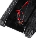 Close-up of lightweight shock absorbing plastic tank chassis with visible wiring, designed for toy tanks and DIY robot projects.
