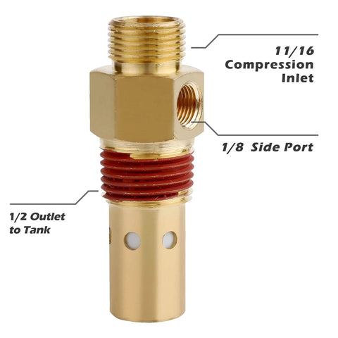 Brass air compressor check valve with 1/2 in tank outlet, 1/8 in side port, and 11/16 in compression inlet.