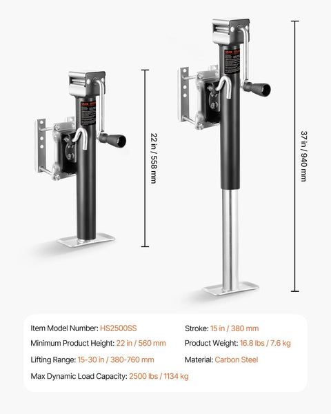 VEVOR trailer jack, 2500 lb capacity, front view with bolt-on mount and ergonomic handle on black steel post.
VEVOR trailer jack, 2500 lb capacity, side view with long steel post, base plate and ergonomic handle.