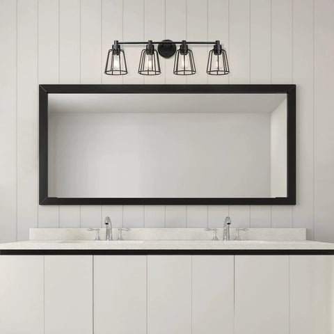 Farmhouse Vanity Light for Bathroom, 4 Light Industrial Over Mirror Fixture in Matte Black With Cage Shade above a sink