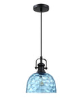 2 Pack 8" Blue Textured Glass Farmhouse Black Pendant Light E26 Base with a honeycomb glass shade and black hanging cord.