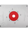 Premium Aluminum Router Table Insert Plate With Easy Adjust Flip Top Design For Woodworking Benches with a red center.