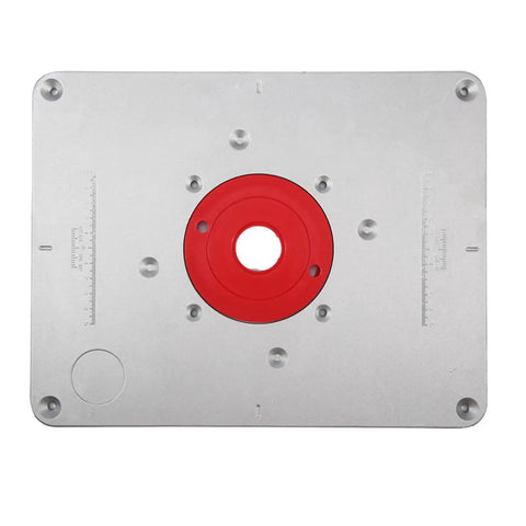 Premium Aluminum Router Table Insert Plate With Easy Adjust Flip Top Design For Woodworking Benches with a red center.