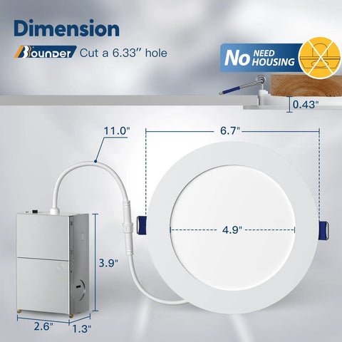 Dimensions of 24 Pack 6 Inch Ultra-Thin LED Recessed Canless Downlights With Junction Box, 5CCT Selectable, Easy Install