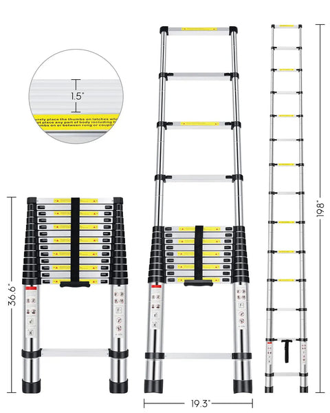 Sixteen Point Five Foot Aluminum Telescoping Ladder With Extra Replacement Non Slip Rubber Covers Beefy 330 Pound Load Capacity Foldable Multi Purpose Ladder For RV Outdoor DIY Projects with dimensions shown