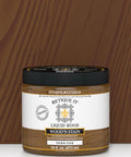 Premium Dark Oak Liquid Wood Gel Stain 16 Oz Pint, water-based for furniture and cabinets, shown in jar with wood background.