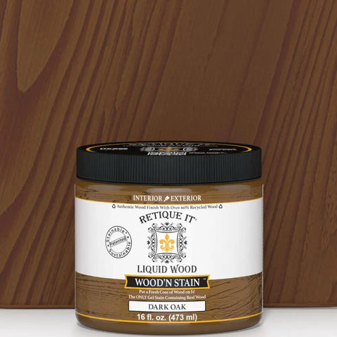 Premium Dark Oak Liquid Wood Gel Stain 16 Oz Pint, water-based for furniture and cabinets, shown in jar with wood background.