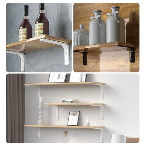 Heavy Duty White Steel L Brackets Rock Solid Corner Wall Shelf Mounts Built Tough For Diy Shelving And Garage Storage Load Bearing Joint Hardware With Screws Included For Hassle Free Setup on wooden shelves.