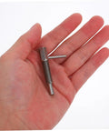 Tough Retractable Plunger Pin With Spring Return Knurled Handle Stainless Steel, held in hand for easy reference, size 54 x 29 x 9 mm.