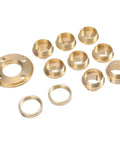 Premium Pure Copper Router Bushing Guide Set with ten threaded bushings and one flange for precise woodworking tasks.