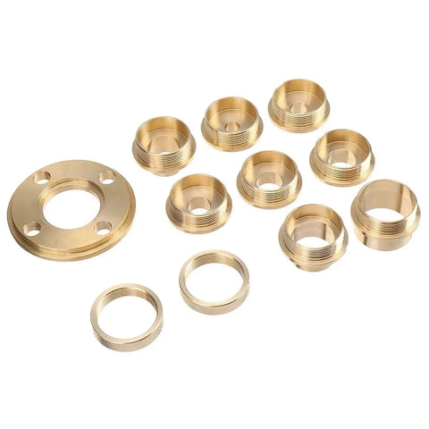 Premium Pure Copper Router Bushing Guide Set with ten threaded bushings and one flange for precise woodworking tasks.