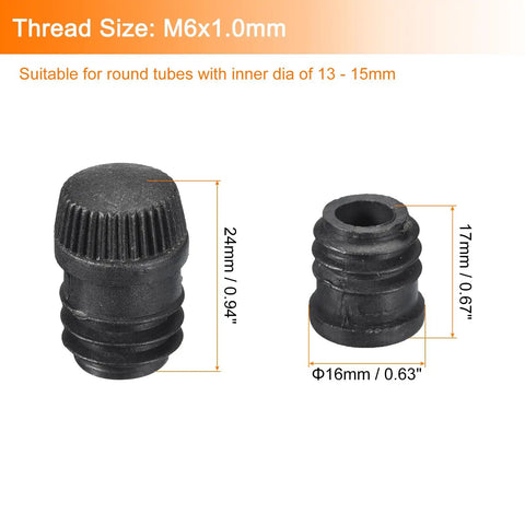 Four Pack Round Tube Leveling Feet Inserts With M6 Thread For 16mm Tube End Caps Plugs Adjustable Height Black Plastic