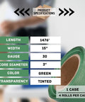Heavy Duty Green Tint Pre Stretched Stretch Wrap Film 15 By 1476 Feet 30 Gauge 4 Roll Pack showing product specifications.
