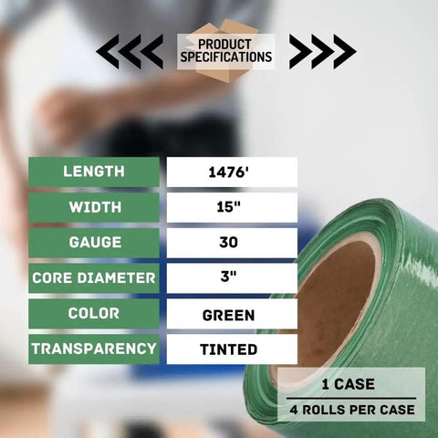 Heavy Duty Green Tint Pre Stretched Stretch Wrap Film 15 By 1476 Feet 30 Gauge 4 Roll Pack showing product specifications.