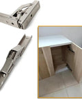 Straight Up Heavy Duty Folding Shelf Bracket With Extendable Wall Mount Support Hinge, Rock Solid Cold Rolled Steel Corrosion Resistant Construction For No Sweat Install, 2 Pack Silver close up of soft close hinge and cabinet install.