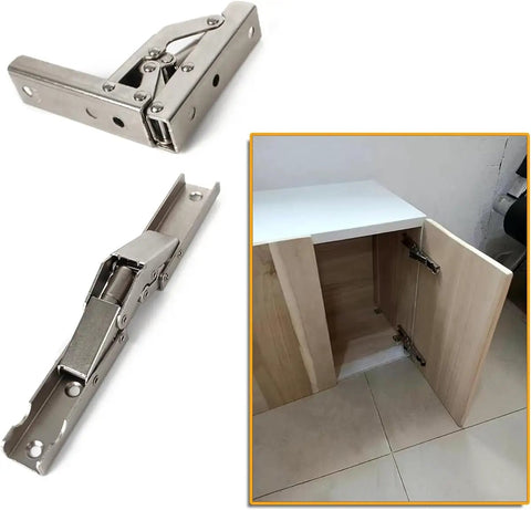Straight Up Heavy Duty Folding Shelf Bracket With Extendable Wall Mount Support Hinge, Rock Solid Cold Rolled Steel Corrosion Resistant Construction For No Sweat Install, 2 Pack Silver close up of soft close hinge and cabinet install.
