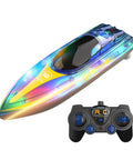 RC Boat With LED Light Modes, 2.4GHz Remote Control, Waterproof Hull for Pools and Lakes, Transparent Cover, Low Battery Alert, Durable Water Toy in Blue with remote controller