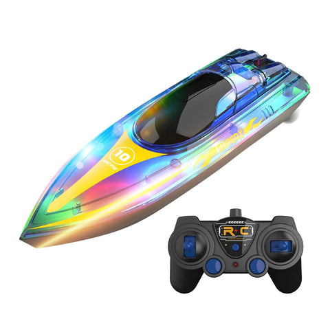 RC Boat With LED Light Modes, 2.4GHz Remote Control, Waterproof Hull for Pools and Lakes, Transparent Cover, Low Battery Alert, Durable Water Toy in Blue with remote controller