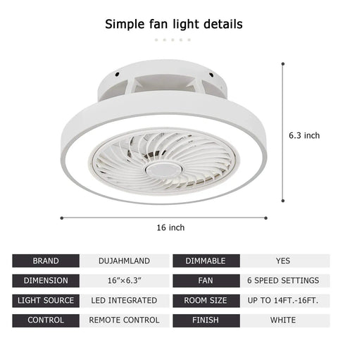 Diagram of 16 inch flush mount ceiling fan with lights, remote control, enclosed white design, 6 speeds, and dimmable LED
