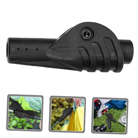 Camping Tent Pole Connector Joint Set Four Pieces For Quick Assembly And Easy Repair Keeps Tent Poles Stable In Wind DIY Tent Repair Kit For Campers And Hikers Ultra Reliable Pole Adapters, black connector close-up with installation views.