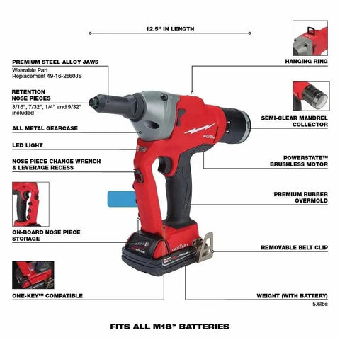 M18 18V One Quarter Inch Blind Rivet Tool Kit With One Key Bare Tool shown with labeled features and accessories.