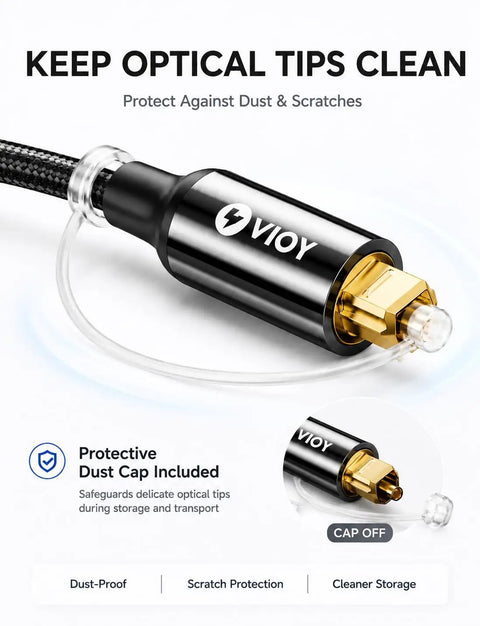 Toslink Digital Optical Audio Cable 6.6 Feet Fiber Optic Braided Cord with protective cap for clear audio connections.