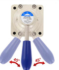 Top view of 4HV210-08 Hand Lever Pneumatic Valve with blue handles, aluminum alloy body, 1/4 inch PT port size, 0-145 PSI range.