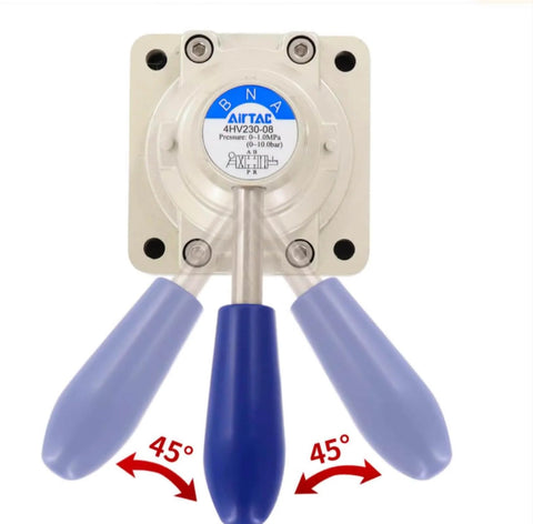 Top view of 4HV210-08 Hand Lever Pneumatic Valve with blue handles, aluminum alloy body, 1/4 inch PT port size, 0-145 PSI range.