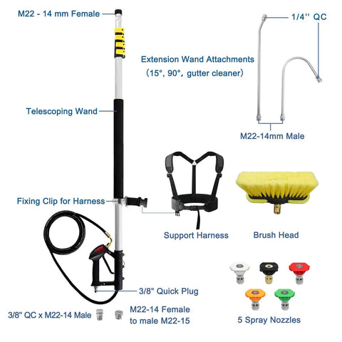 Telescoping Pressure Washer Wand With 24 Ft Reach No Ladder Needed Extension Wand Gutter Cleaner Attachment Five Spray Nozzle Tips Two Hose Inlet Adapters Support Harness Lightweight Aluminum parts