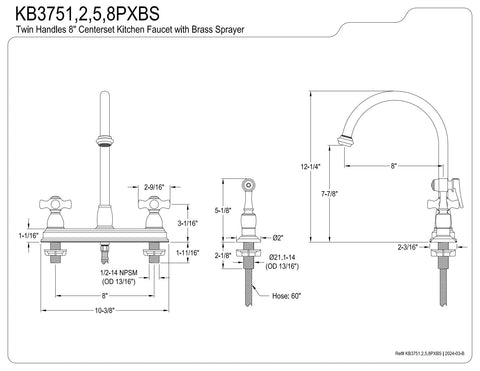 Brass Deck Mount Kitchen Faucet With Sprayer, 8-1/2 Inch Gooseneck, 8-Inch Center, Polished Brass Finish, technical diagram