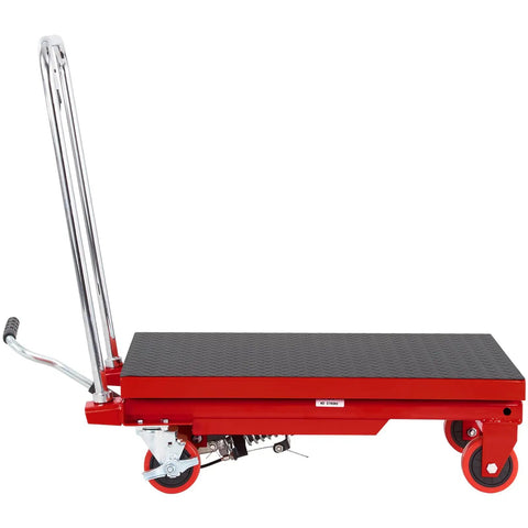 Heavy Duty Hydraulic Lift Table Cart 500 Lb Portable Scissor Platform With Pump For Smooth Material Handling And Easy Lifting Up To 28 Inches No Oil Mess At All side view with red frame and textured black surface.