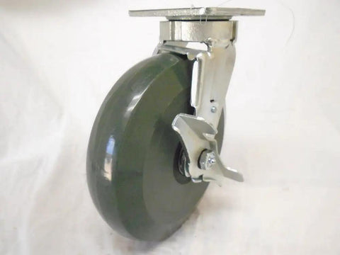 8 Inch Swivel Caster Kingpinless With Built In Wheel Brake And Non Marking Gray Polyurethane Wheel hella smooth side view