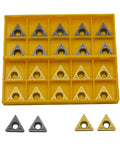 20pcs triangle carbide inserts in gray and gold colors, arranged in a yellow plastic organizer tray