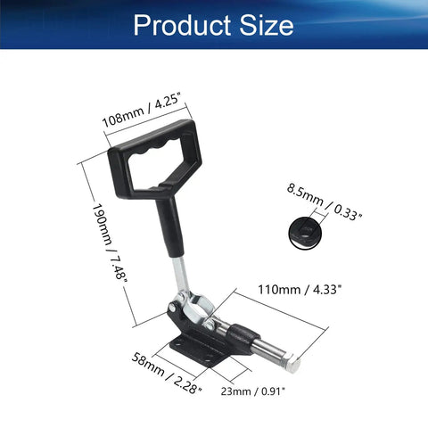 Heavy Duty Push Pull Toggle Clamp Delivers Killer 850 Lbs Holding Capacity with dimensions and black handle