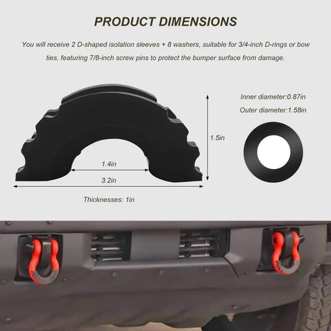 D Ring Shackle Isolators Washers Kit For Off Road Shackle Protectors with dimensions, black rubber design, front view