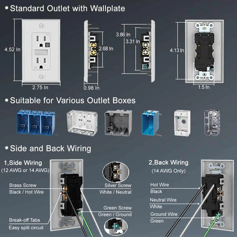 Receptacle Outlet With Night Light And Tamper Resistant Design, white wall outlet dimensions, wiring options shown