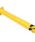 Two Beefy 42 Inch Steel Safety Bollards Rock Solid Parking Barrier Posts Powder Coated Finish in bright yellow with caution stripes.