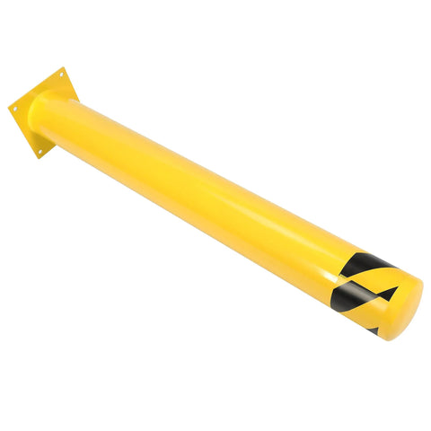 Two Beefy 42 Inch Steel Safety Bollards Rock Solid Parking Barrier Posts Powder Coated Finish in bright yellow with caution stripes.
