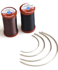 Extra Strong Upholstery Repair Thread Kit Pro Grade With Heavy Duty Curved Needles, 1 Black Spool, 1 Brown Spool, Bonded Nylon