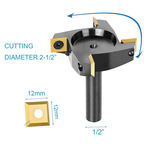 Spoilboard Surfacing Router Bit With ATS Coating for Smooth Cuts, four blade carbide inserts, 2-1/2 inch diameter, 1/2 inch shank visible.