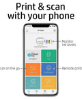 HP Smart app interface showing features like print, scan, and monitor ink levels for Certified Refurbished DeskJet 3755 Compact Wireless All In One Color Printer With Instant Ink Ready Utility And Alexa Sync Capability For Slick Boss Level Setups.