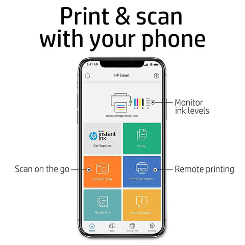 HP Smart app interface showing features like print, scan, and monitor ink levels for Certified Refurbished DeskJet 3755 Compact Wireless All In One Color Printer With Instant Ink Ready Utility And Alexa Sync Capability For Slick Boss Level Setups.