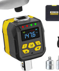 Half Inch Drive Digital Torque Adapter With Buzzer And LED Indicator For Boss Level Precision, 7.5 To 147.5 Foot Pounds Or 10 To 200 Newton Meters, Converts To Quarter And Three Eighth Inch Adapters, Includes Calibration Certificate; shown with LED display, buttons, and additional tool accessories.