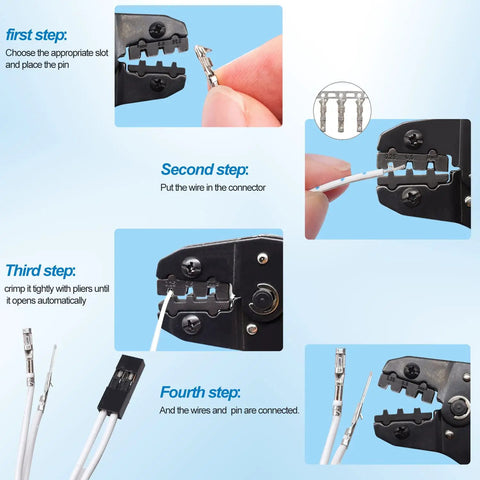 Instructions for using Dupont Crimping Tool Kit With 600 Pieces Of 2.54mm Dupont Connectors SN 28B Ratcheting Wire Crimper Plier