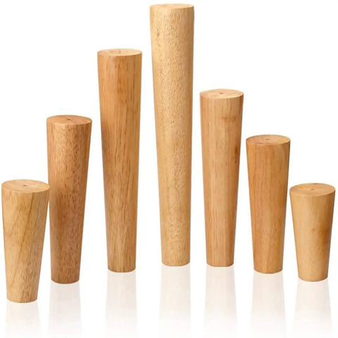 Four Pack Solid Oak Wood Table Legs, Four Inch Tapered Replacement Furniture Feet, set of eight wood legs with varying heights.